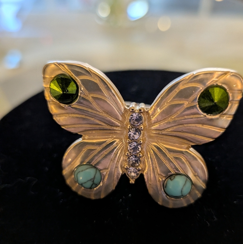 Betsey Johnson Gold Butterfly Ring with Green and Turquoise Gems OS